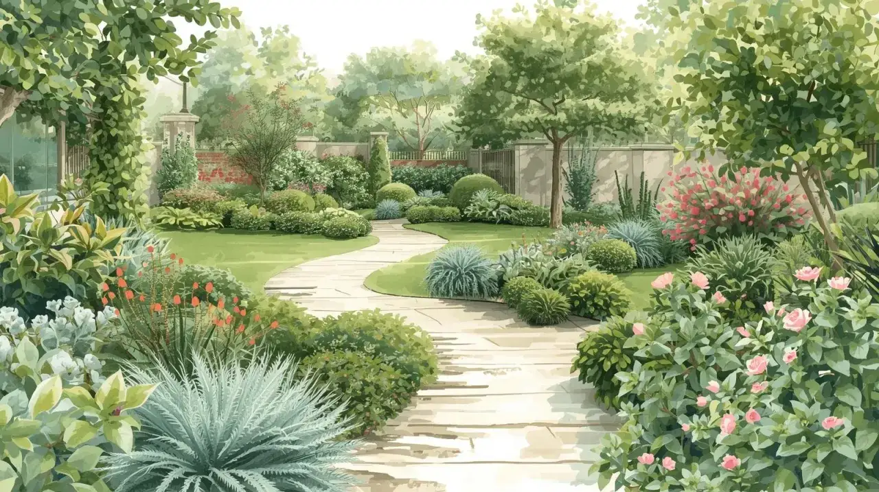 Piękny ogród z krętą ścieżką, idealny do inspiracji, jak zaplanować ogród.