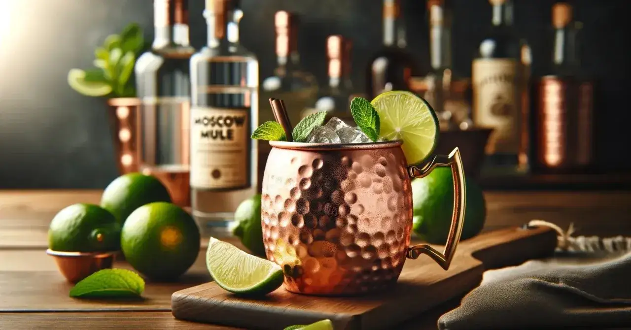 Orzeźwiający Moscow Mule w miedzianym kubku, z limonką i miętą. Obok butelka z etykietą "Moscow Mule" i świeże limonki.