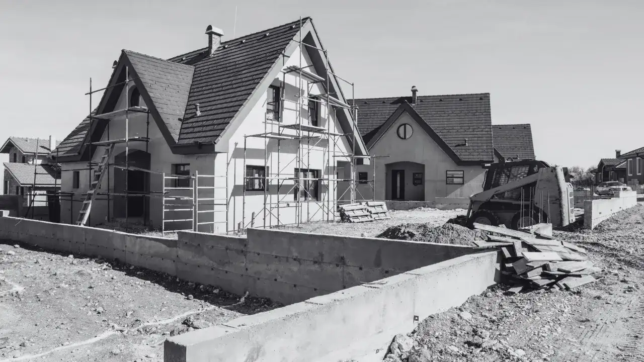 Budowa domów w toku. Scena pokazuje postęp prac, jak przenieść pozwolenie na budowę, gdy domy są w stanie surowym, z rusztowaniami i koparką.