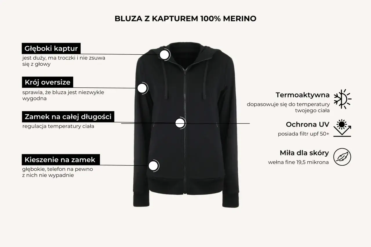 Czarna bluza termiczna damska z kapturem, zamkiem na całej długości, kieszeniami na zamek, krojem oversize. Wykonana z wełny merino.