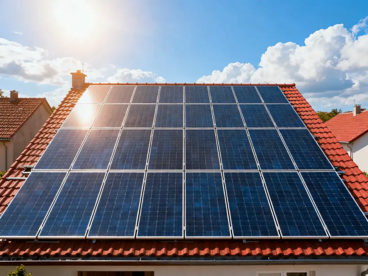 Panele fotowoltaiczne na dachu domu, łapiące promienie słońca. Ich żywotność zapewnia zieloną energię na lata.