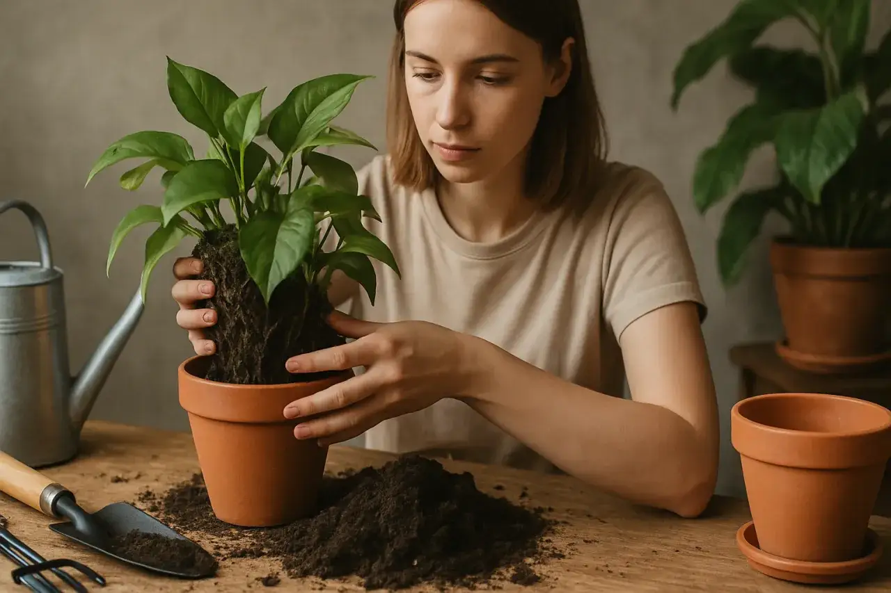Kobieta przesadza roślinę do nowej doniczki, obok konewka i narzędzia ogrodnicze.