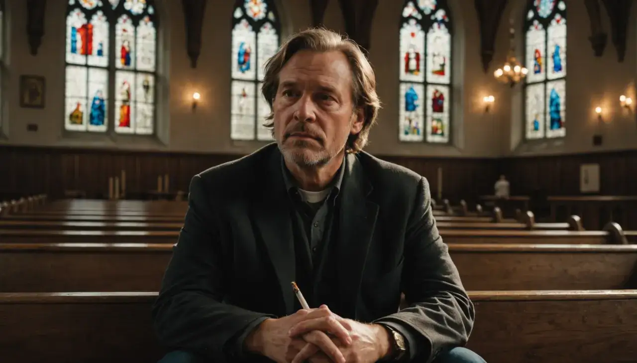 Zamyślony mężczyzna w kościele, trzymający papierosa, zastanawia się, czy tarot to grzech.