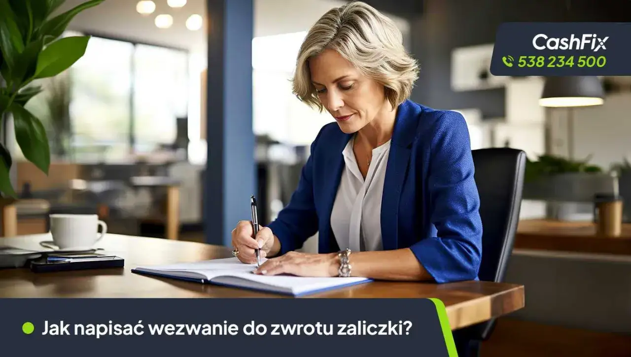 Kobieta w garniturze pisze dokument na biurku, obok filiżanka kawy.