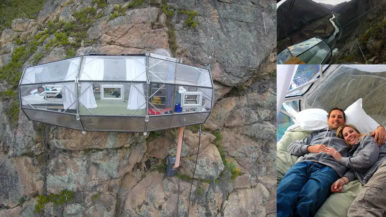 Przezroczysta kapsuła noclegowa przyczepiona do skalnej ściany, z widokiem na dolinę.