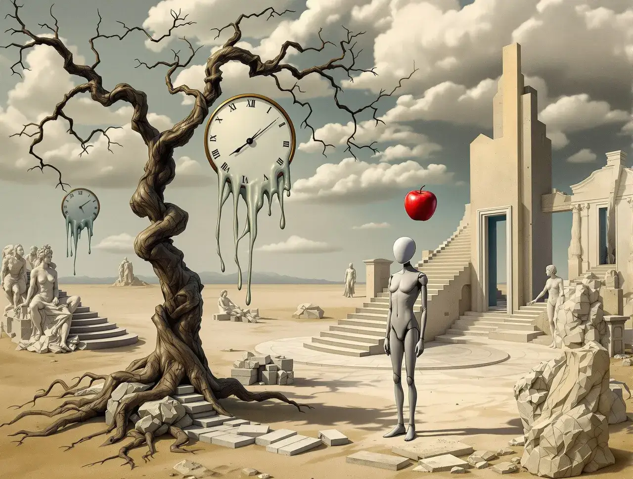 Pustynny krajobraz z topiącymi się zegarami, posągami i dryfującym jabłkiem. To jest co to surrealizm w obrazie.