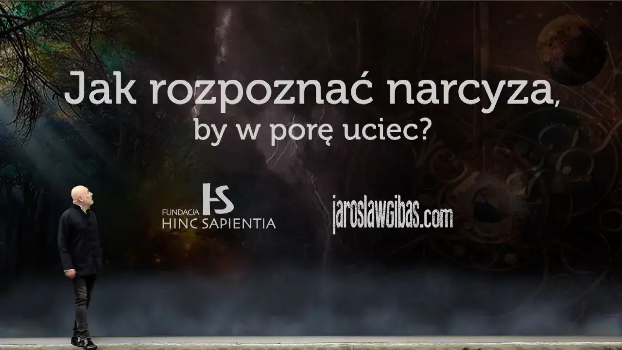 Mężczyzna patrzy w górę na tekst "Jak rozpoznać narcyza, by w porę uciec?".