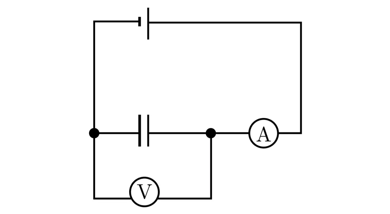 Schemat obwodu elektrycznego z kondensatorem, amperomierzem i woltomierzem. Woltomierz mierzy symbol napięcia na kondensatorze.