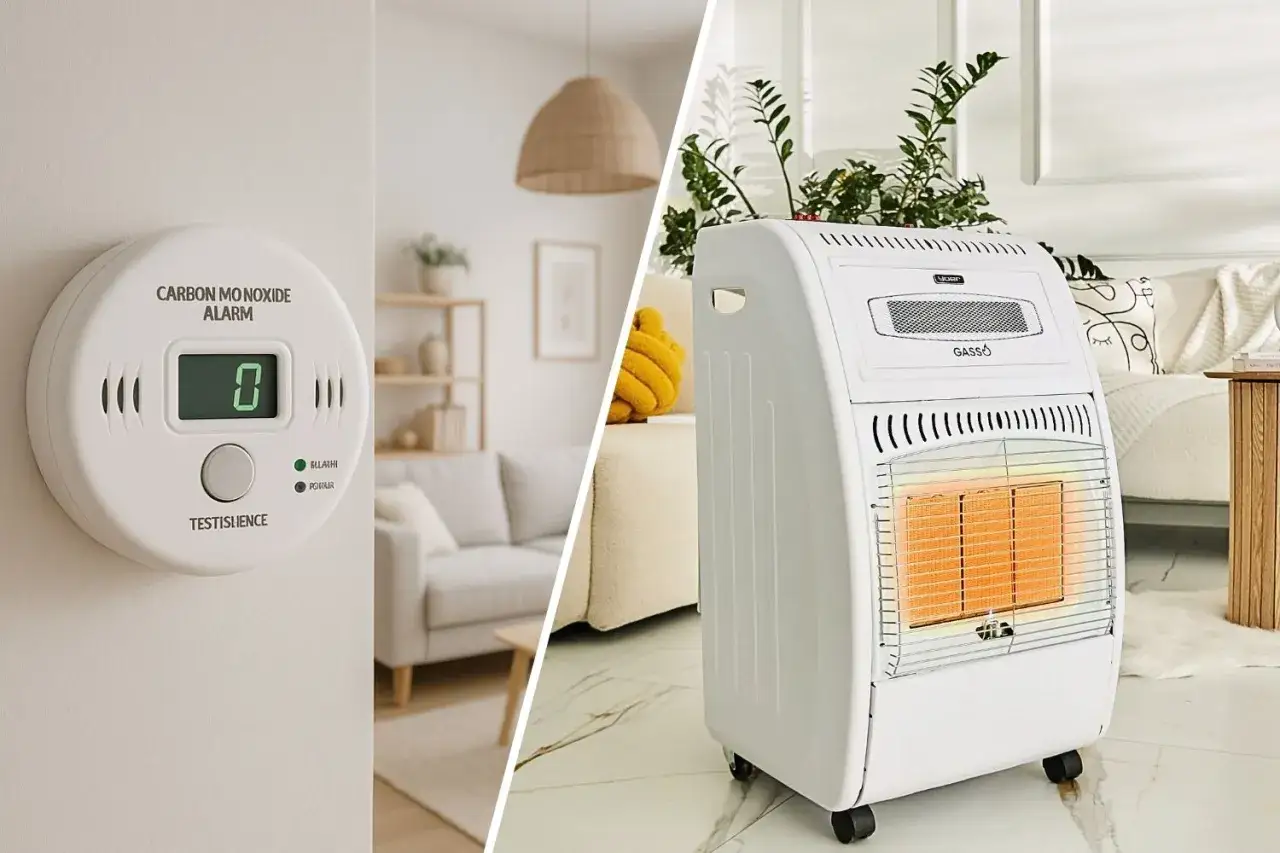 Jaki piecyk gazowy do mieszkania? Detektor czadu i biały piecyk gazowy Gasso w nowoczesnym wnętrzu.