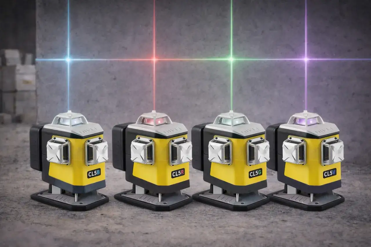 Cztery żółto-czarne poziomice laserowe emitujące kolorowe linie krzyżujące się na szarym tle.