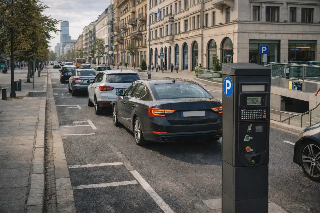 Czarny parkometr na tle ulicy z zaparkowanymi samochodami i budynkami.