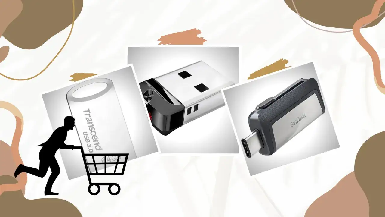 Trzy pendrive'y: Transcend, SanDisk i jeden nieznany, obok sylwetki mężczyzny z wózkiem.