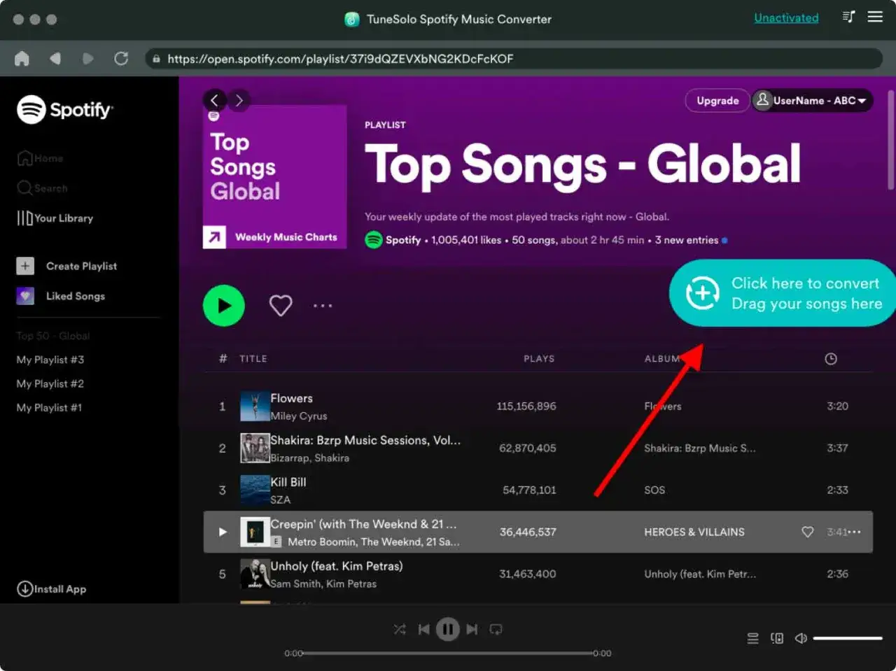 Spotify playlist "Top Songs - Global" z przyciskiem "Click here to convert Drag your songs here".