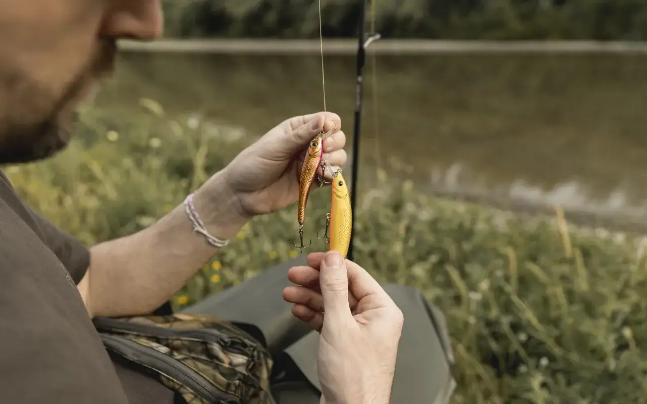 Wędkarz przygotowuje się do łowienia. Wybiera przynęty, by dowiedzieć się, jak złowić sandacza na spinning.