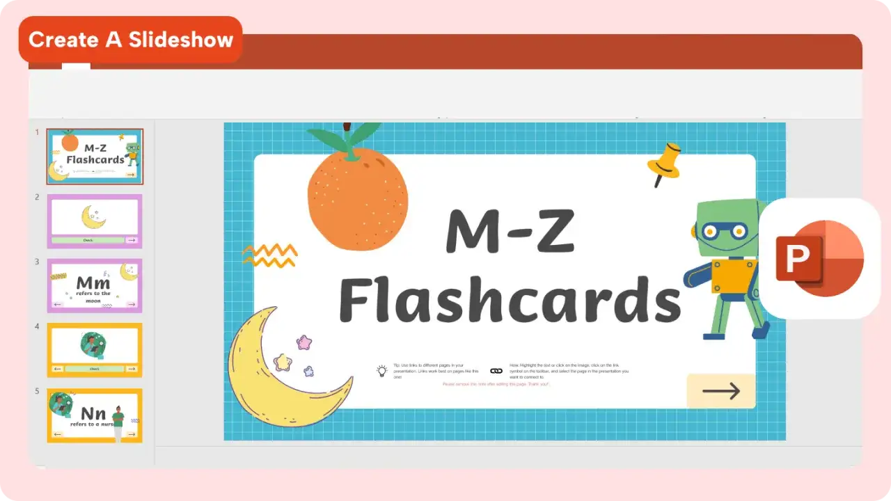 Tworzenie prezentacji w PowerPoint: jak wstawić link do innej strony. Widok edytora slajdów z animowanymi elementami i podglądem slajdów po lewej.