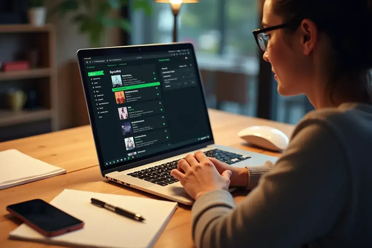 Kobieta z okularami korzysta z laptopa z otwartą aplikacją Spotify, na której widać listę utworów.