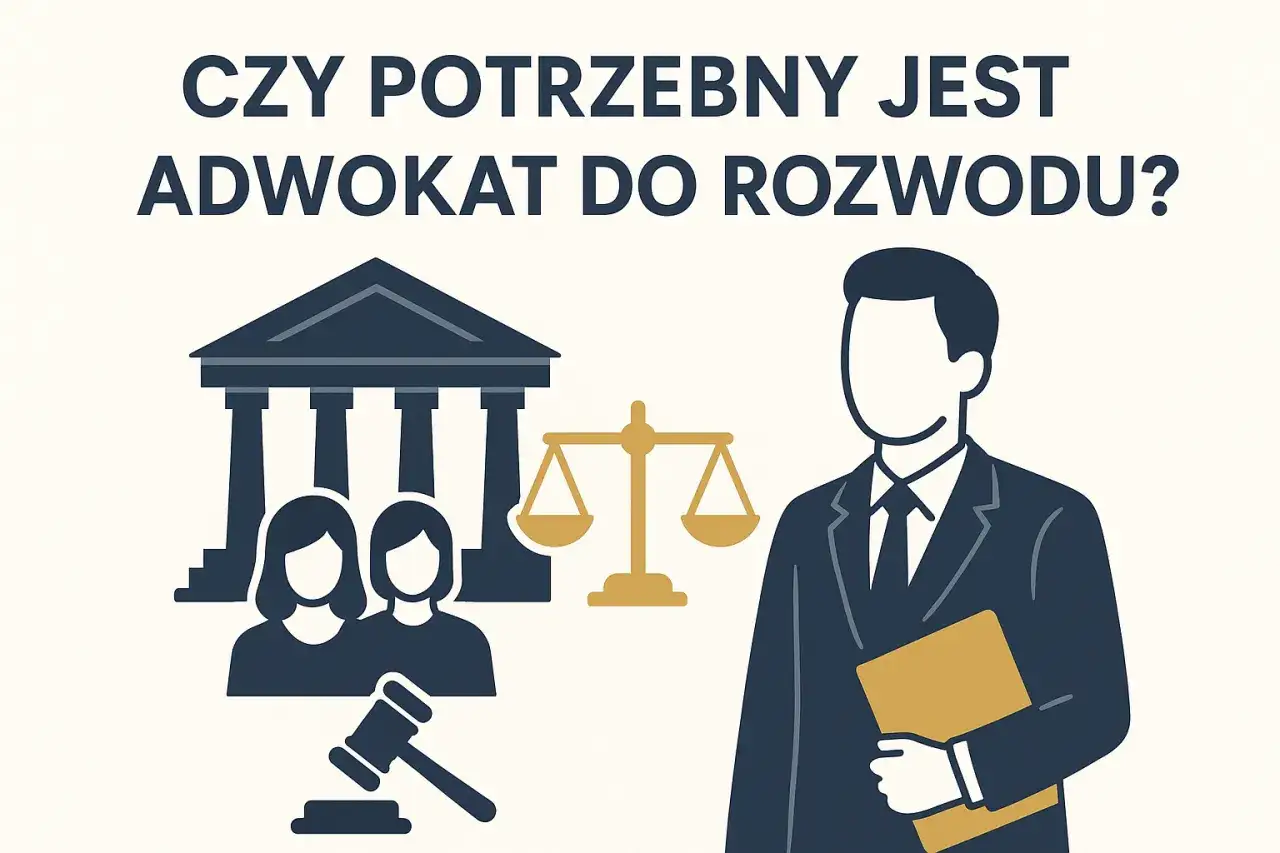 Ilustracja przedstawia sylwetkę prawnika z teczką, symbol sprawiedliwości i budynek sądu. Czy potrzebny jest darmowy adwokat do rozwodu?