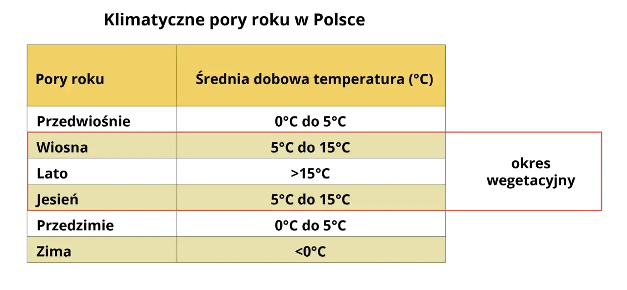 Tabela pokazuje, jaki mamy klimat w Polsce: pory roku i średnie temperatury. Wiosna i jesień to okresy wegetacyjne.