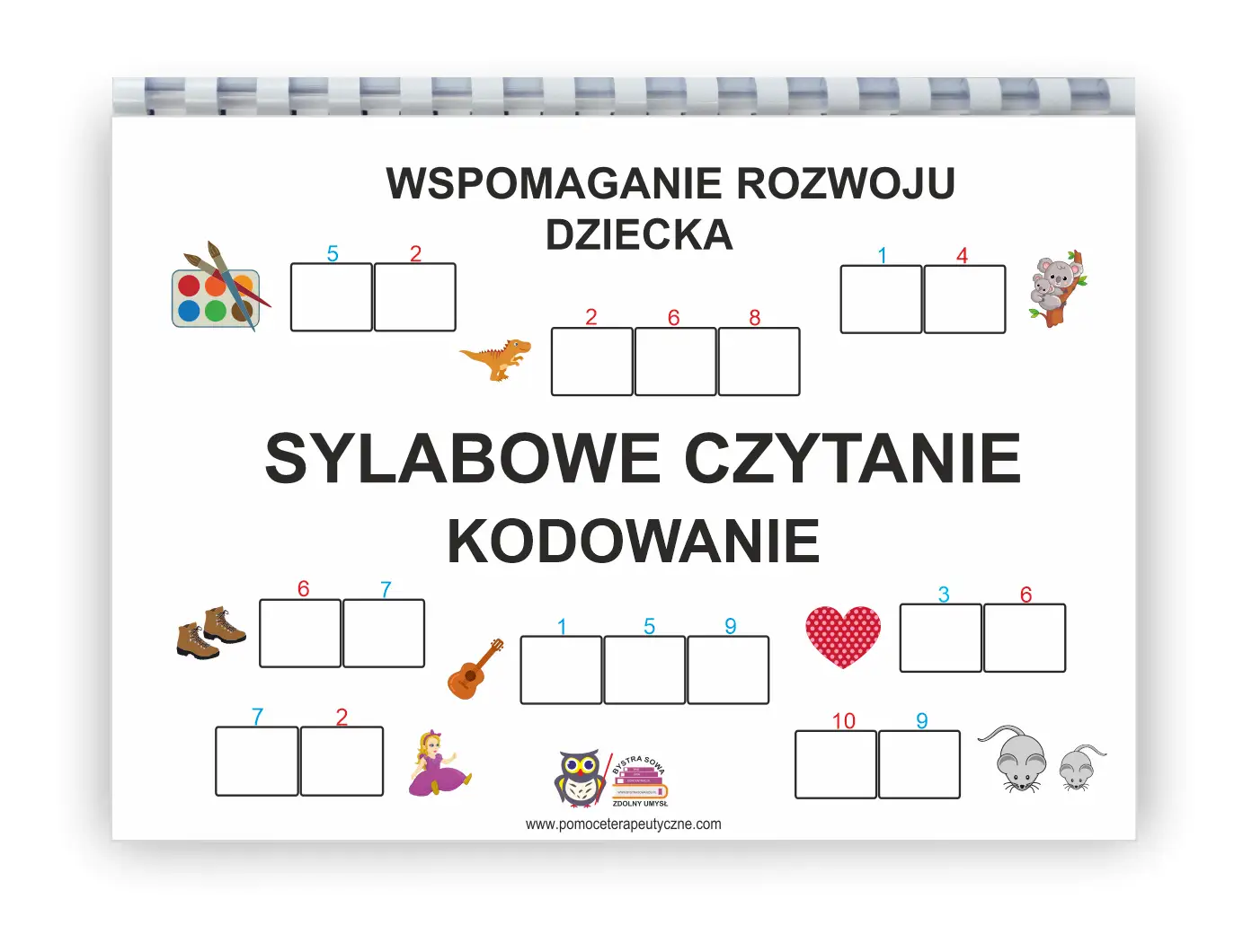 Pomoc w nauce czytania metodą sylabową. Dziecko koduje obrazki, dopasowując sylaby do pól.