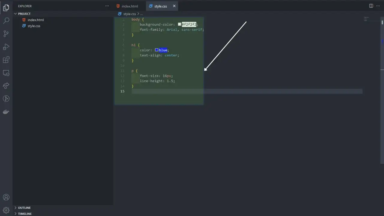Fragment kodu CSS w edytorze, z podświetlonymi regułami dla body, h1 i p.