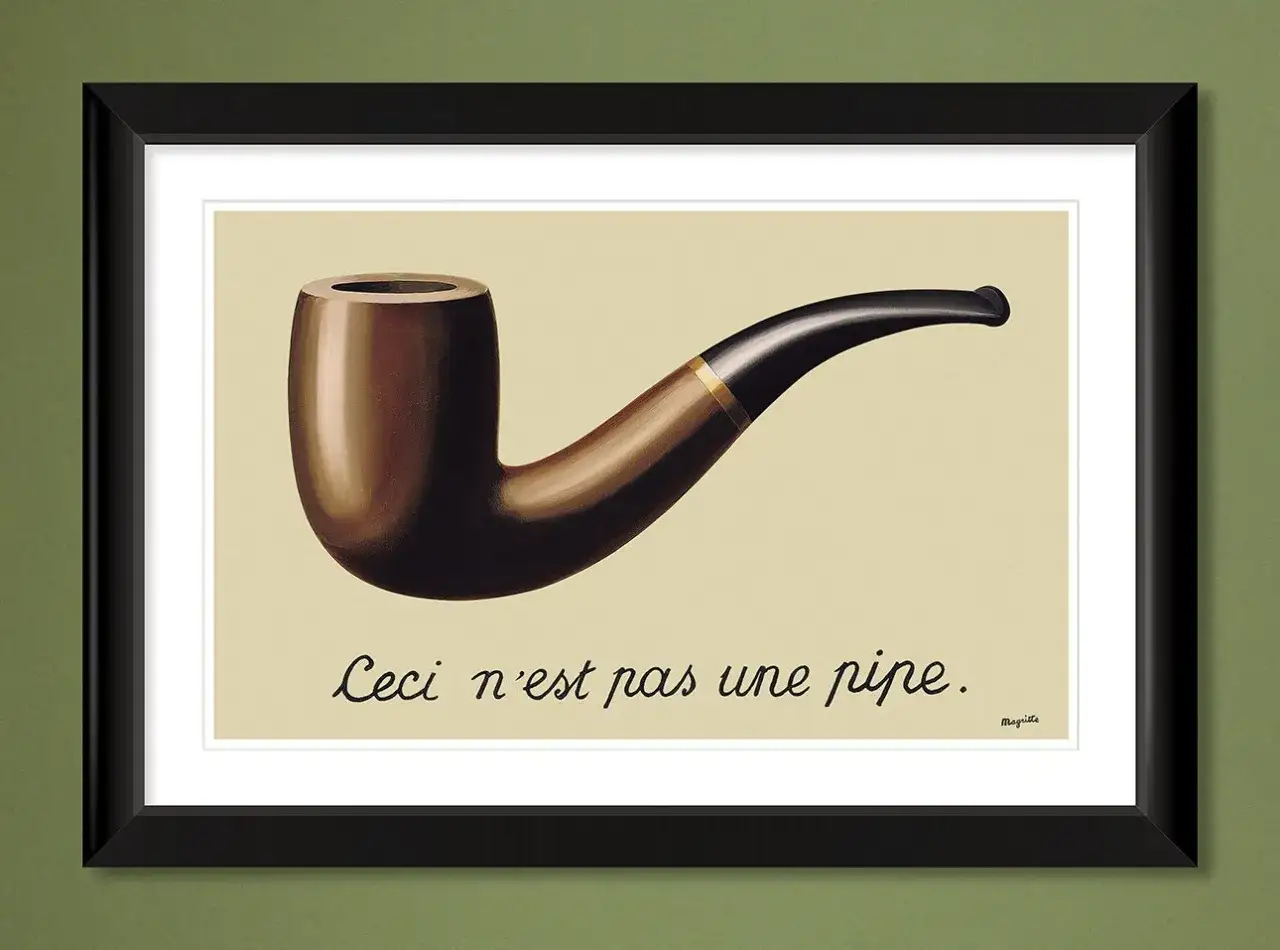 Obraz przedstawia realistycznie namalowaną fajkę, ale napis głosi: "to nie jest fajka".