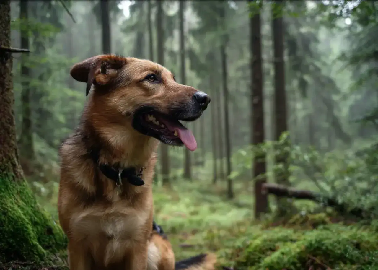 Brązowy pies w obroży siedzi w lesie, patrząc w bok z wystawionym językiem.