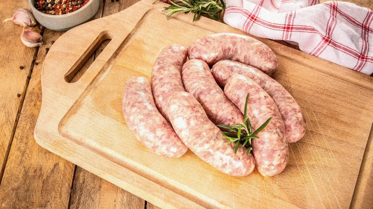 Surowe kiełbaski na desce, obok gałązka rozmarynu. Zastanawiasz się, jak długo można mrozić kiełbasę, by zachowała świeżość?