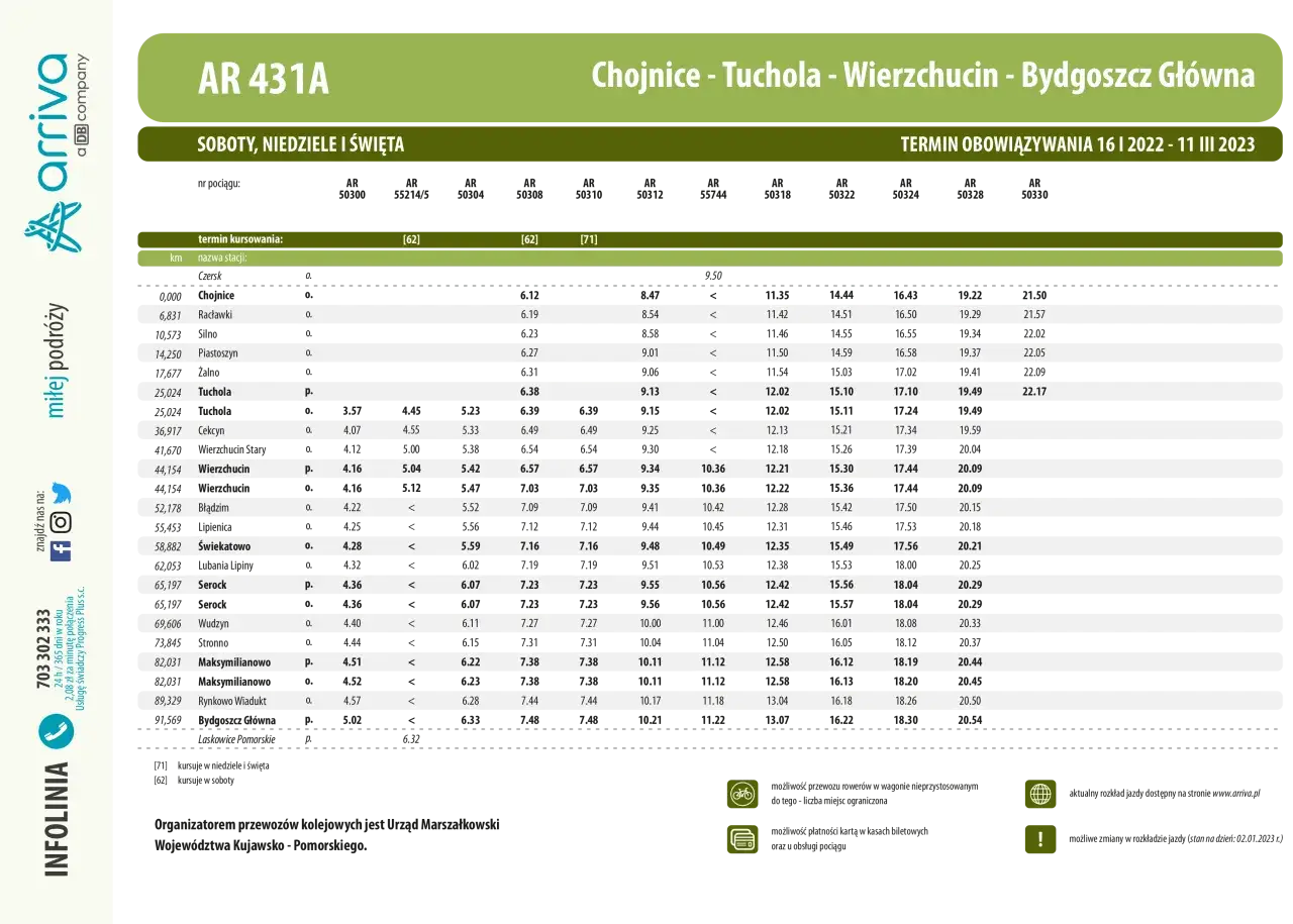 Rozkład jazdy PKP Bydgoszcz - Chojnice - Tuchola - Wierzchucin - Bydgoszcz Główna. Kursuje w soboty, niedziele i święta.