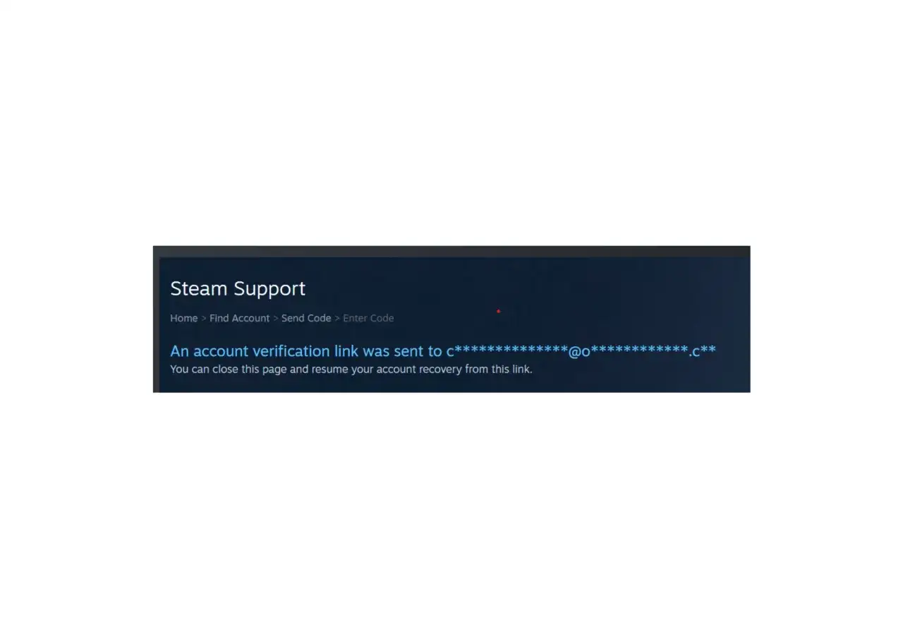 Zrzut ekranu strony Steam Support z informacją o wysłaniu linku weryfikacyjnego.