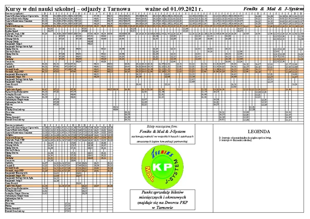 Rozkład jazdy pociągów i autobusów z Tarnowa z godzinami odjazdów i przyjazdów.