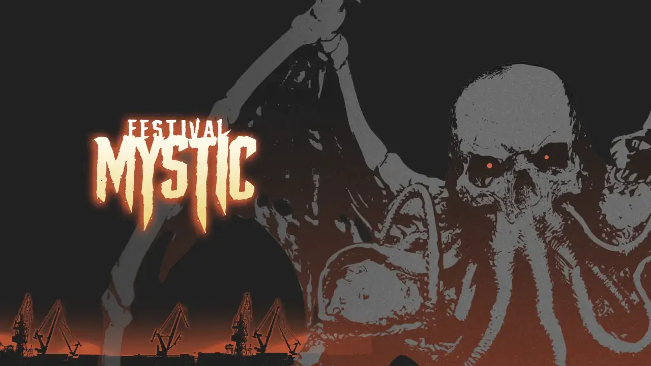 Mroczna wizja potwora z mackami i płonącymi oczami, zapowiadająca **mystic festival 2026**. W tle portowe dźwigi.