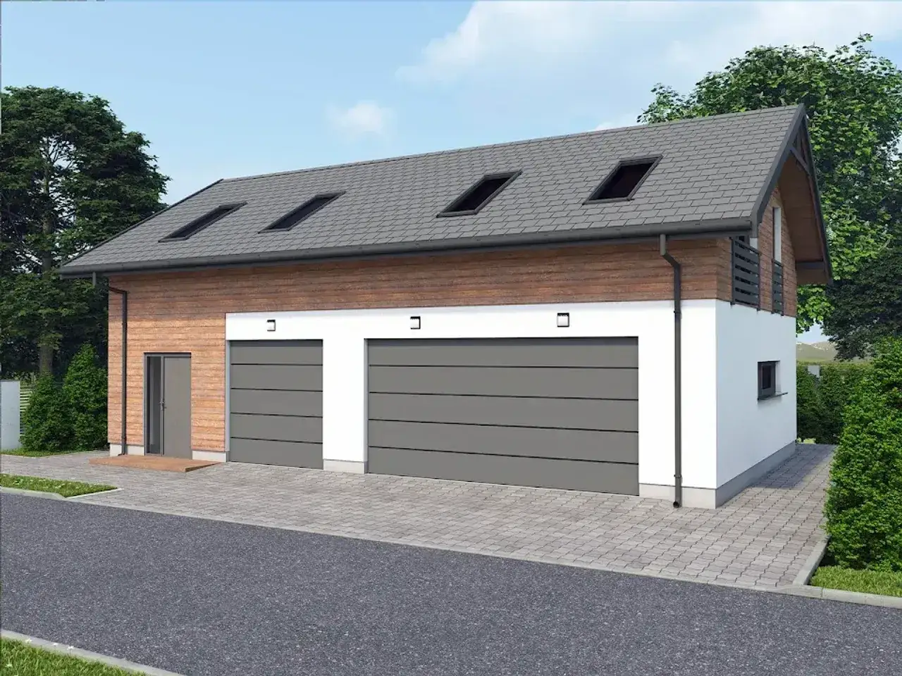 Nowoczesny garaż z piwnicą, dwustanowiskowy, z drewnianą elewacją i białym tynkiem. Dach z lukarnami.