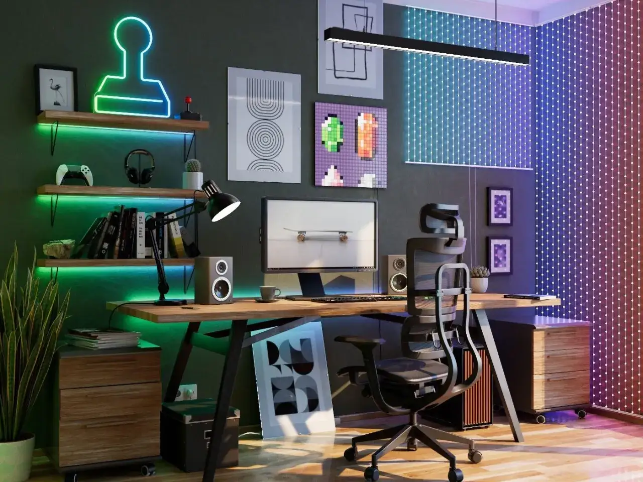 Gamer's paradise: biurko z komputerem, gamingowy fotel i kolorowe **led dla graczy** tworzą idealną atmosferę do wirtualnych zmagań.
