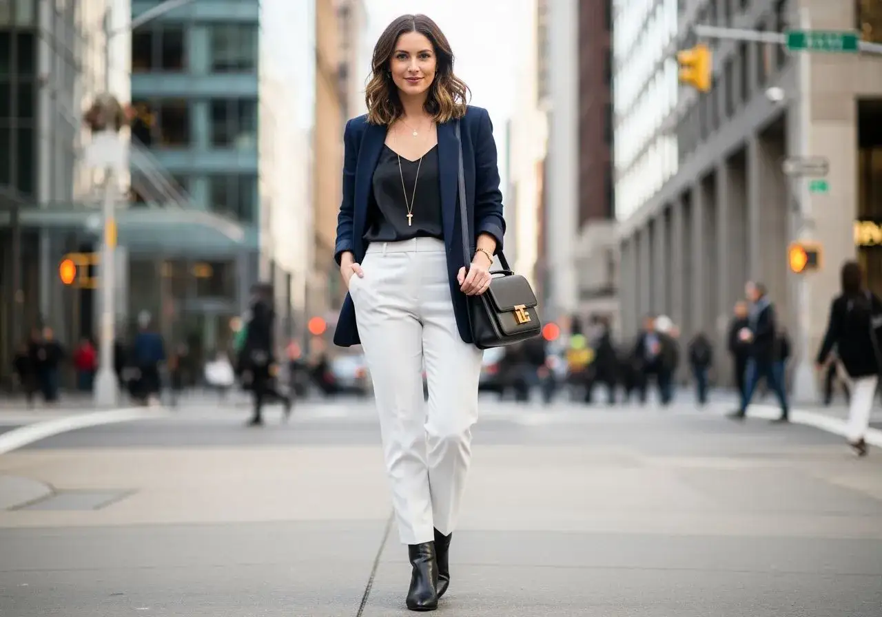 Elegancka stylizacja: białe spodnie, granatowa marynarka, czarny top i botki. Idealna inspiracja, co ubrać do białych spodni.