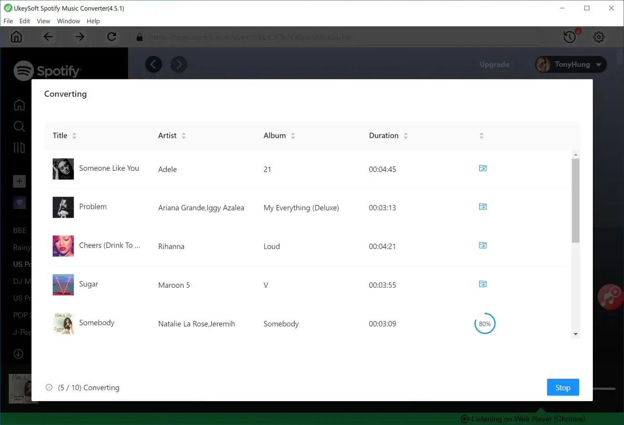 Okno programu Spotify Music Converter z listą utworów w trakcie konwersji, widoczny pasek postępu 80%.