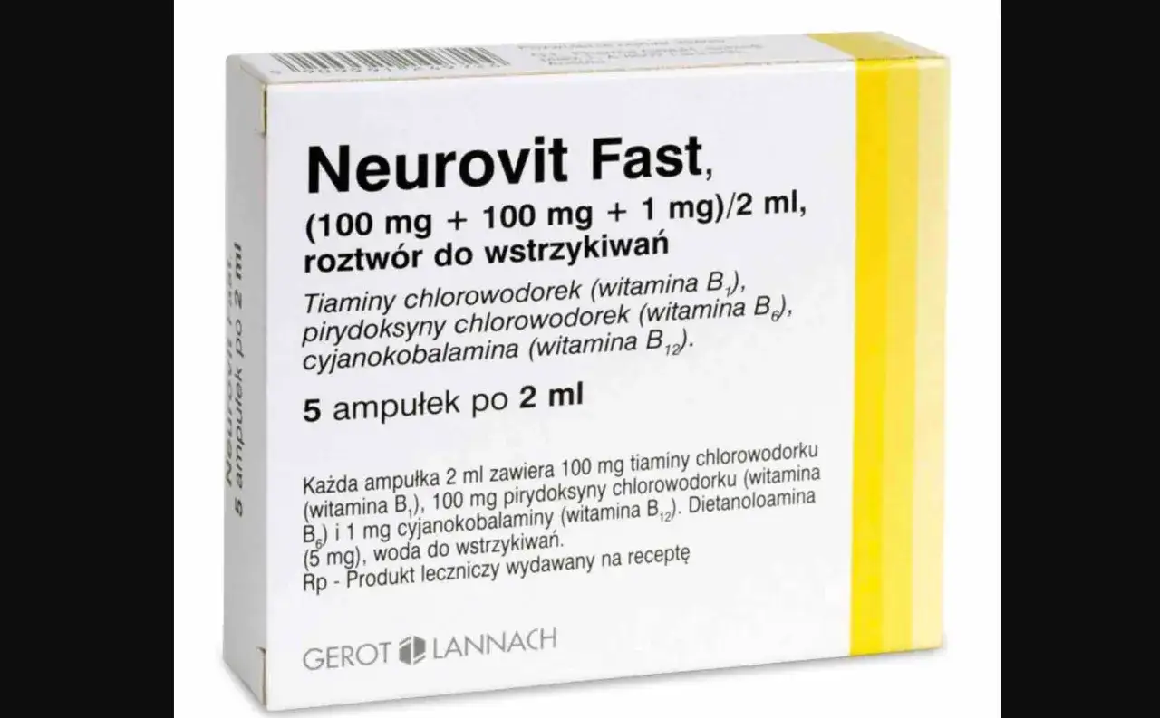 Opakowanie leku Neurovit Fast, roztwór do wstrzykiwań z witaminami B1, B6, B12. Produkt leczniczy wydawany na receptę.