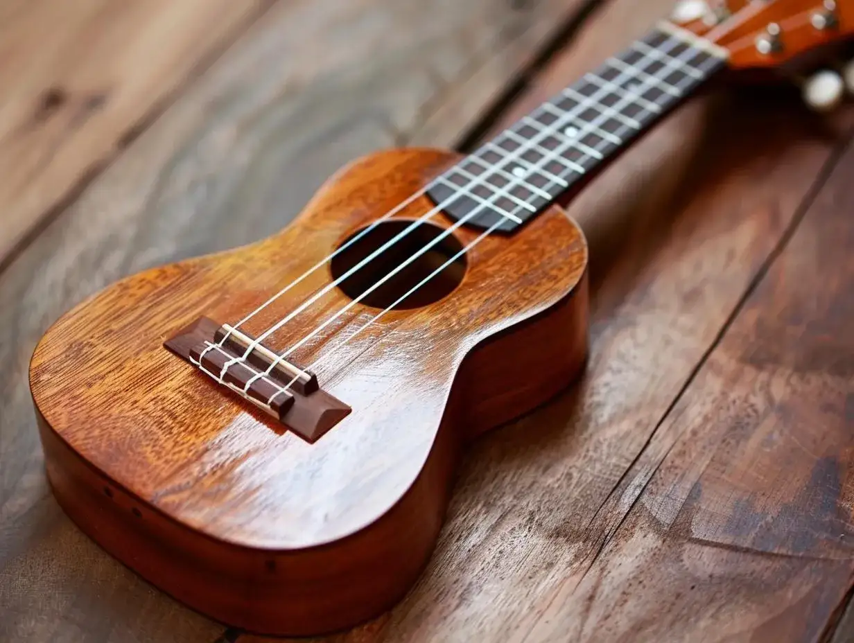 Drewniane ukulele na rustykalnym blacie. Idealne do nauki akordów "Can't Help Falling in Love".