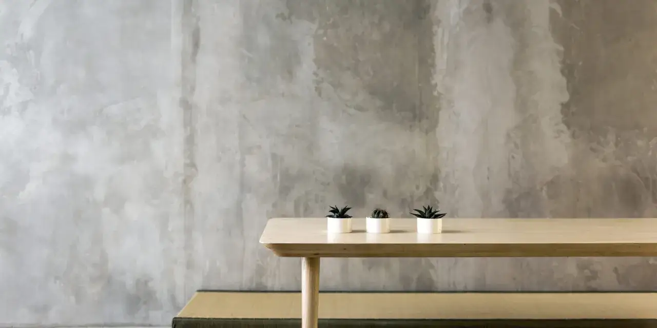 Beton architektoniczny jako alternatywa dla tynku wewnętrznego. Minimalistyczny stolik z sukulentami na tle surowej ściany.