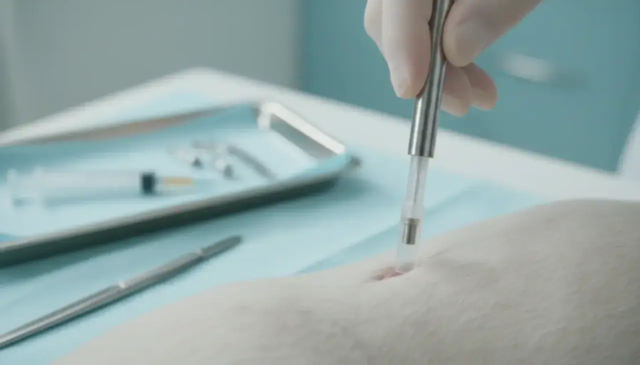 Zabieg kastracji chemicznej psa. Weterynarz w rękawiczce wprowadza implant pod skórę zwierzęcia.