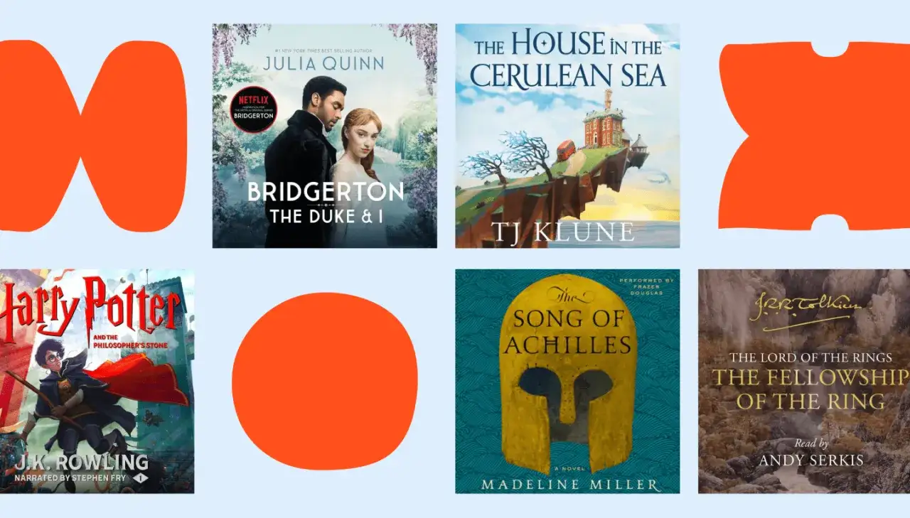 Kolekcja audiobooków po angielsku z tekstem: "Bridgerton", "Harry Potter", "The House in the Cerulean Sea", "The Song of Achilles", "The Fellowship of the Ring".