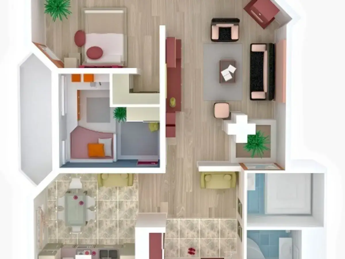 Rzut mieszkania w bloku: sypialnia, salon, kuchnia, łazienka i mały pokój.