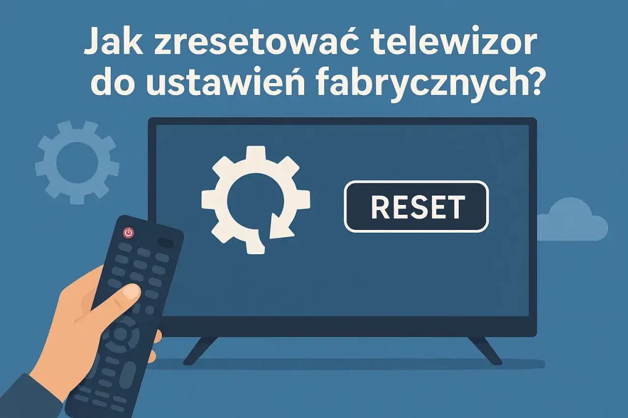 Dłoń trzymająca pilot do telewizora przed ekranem z ikoną resetowania i napisem "RESET".