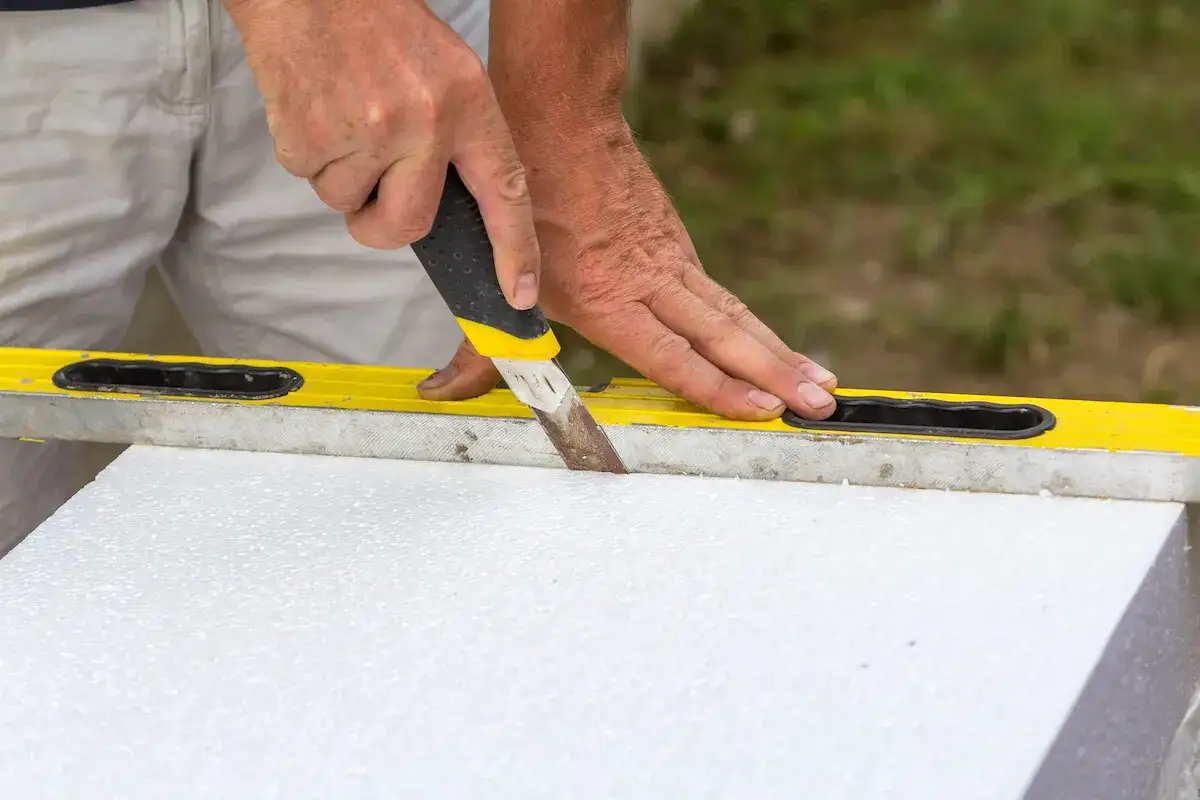 Ręce trzymają nóż, którym cięty jest styropian wzdłuż żółtej poziomicy.