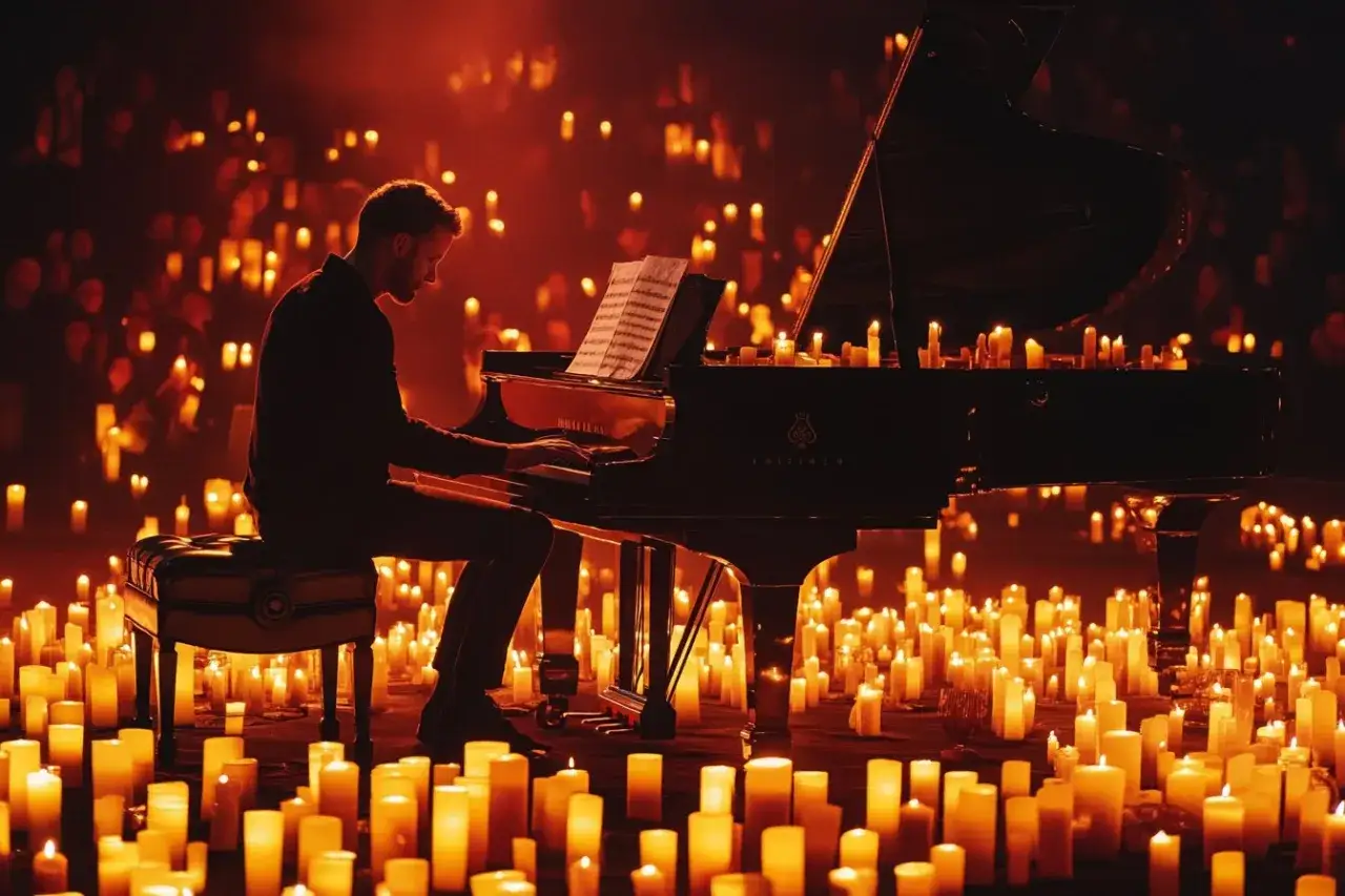 Pianista gra muzykę z Harry'ego Pottera w otoczeniu setek świec. Koncert muzyki filmowej Harry Potter trwa ok. 2 godzin.