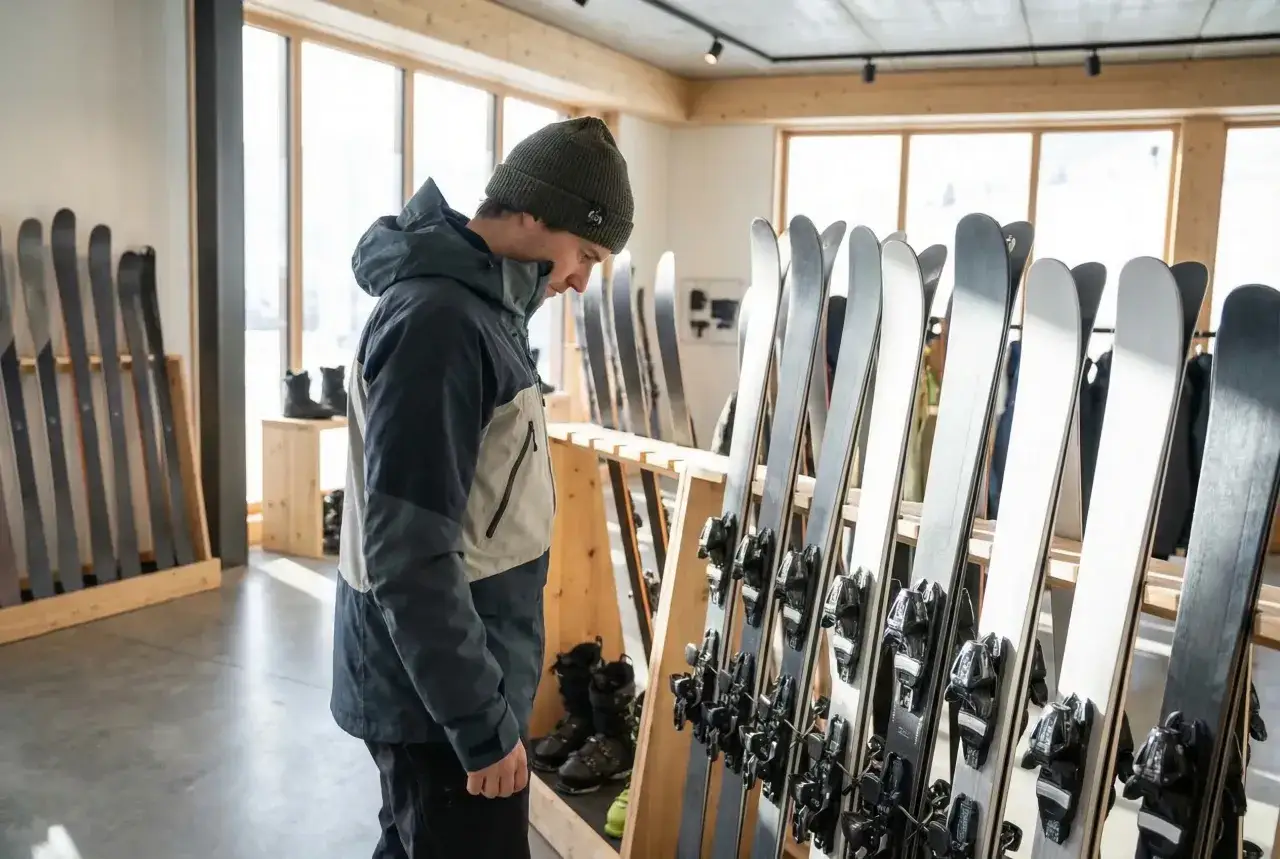 Mężczyzna w czapce i kurtce patrzy na rząd nart. To jego ewolucja na stoku, od wyboru sprzętu po pierwsze zjazdy.