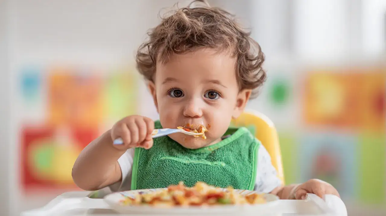 Mały chłopiec z kręconymi włosami je z talerza, kiedy wątróbka dla niemowlaka jest jego pierwszym posiłkiem.