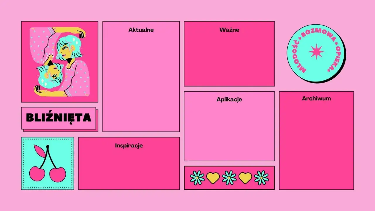 Różowe tapety z grafiką bliźniąt, wisienek i kwiatów. Sekcje: Aktualne, Ważne, Aplikacje, Archiwum, Inspiracje.