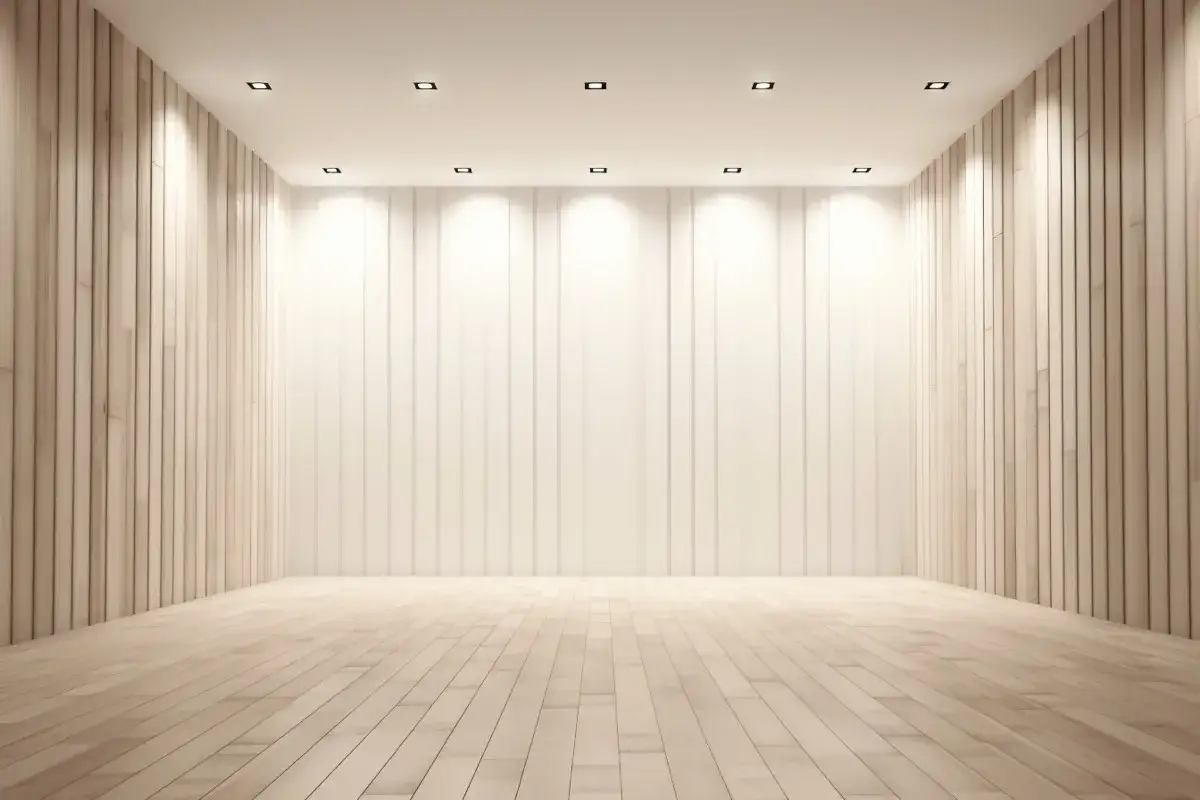 Nowoczesne wnętrze z drewnianą podłogą i ścianami. Sufit podwieszany z oświetleniem punktowym, idealny do stworzenia konstrukcji.