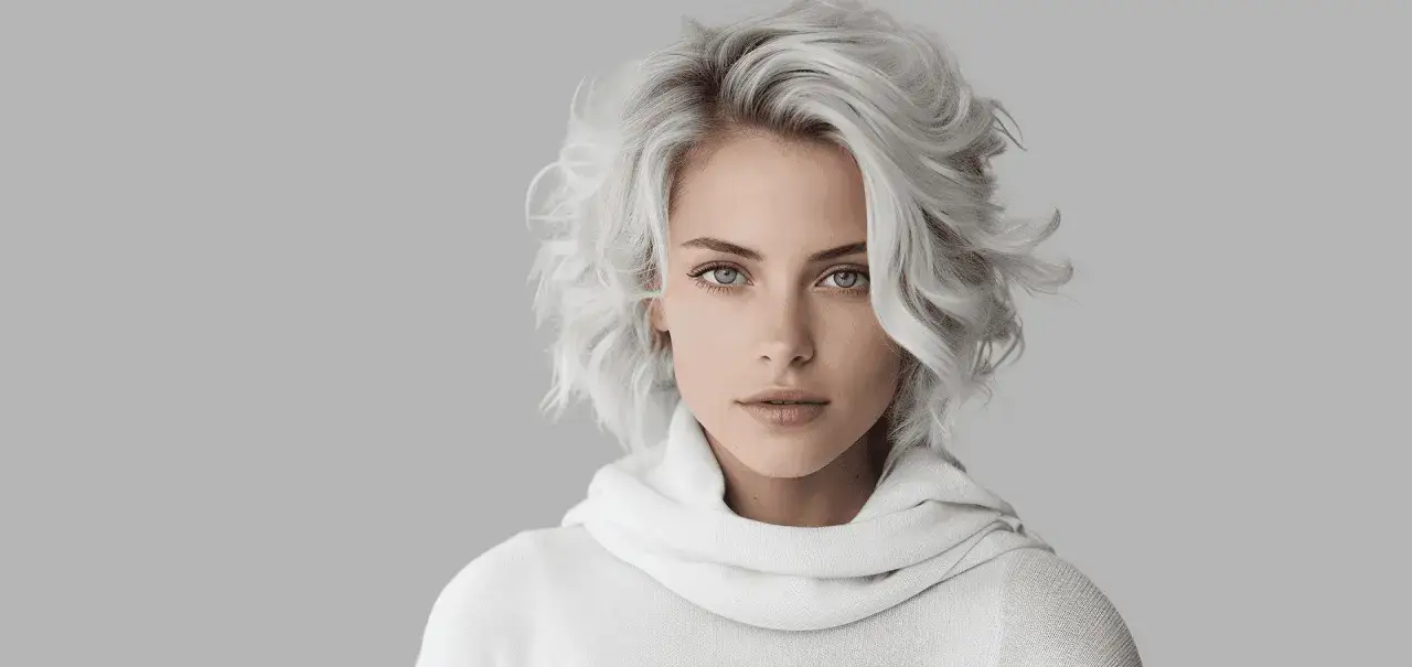 Kobieta z krótkimi, falowanymi, jasnymi włosami i w białym golfie.