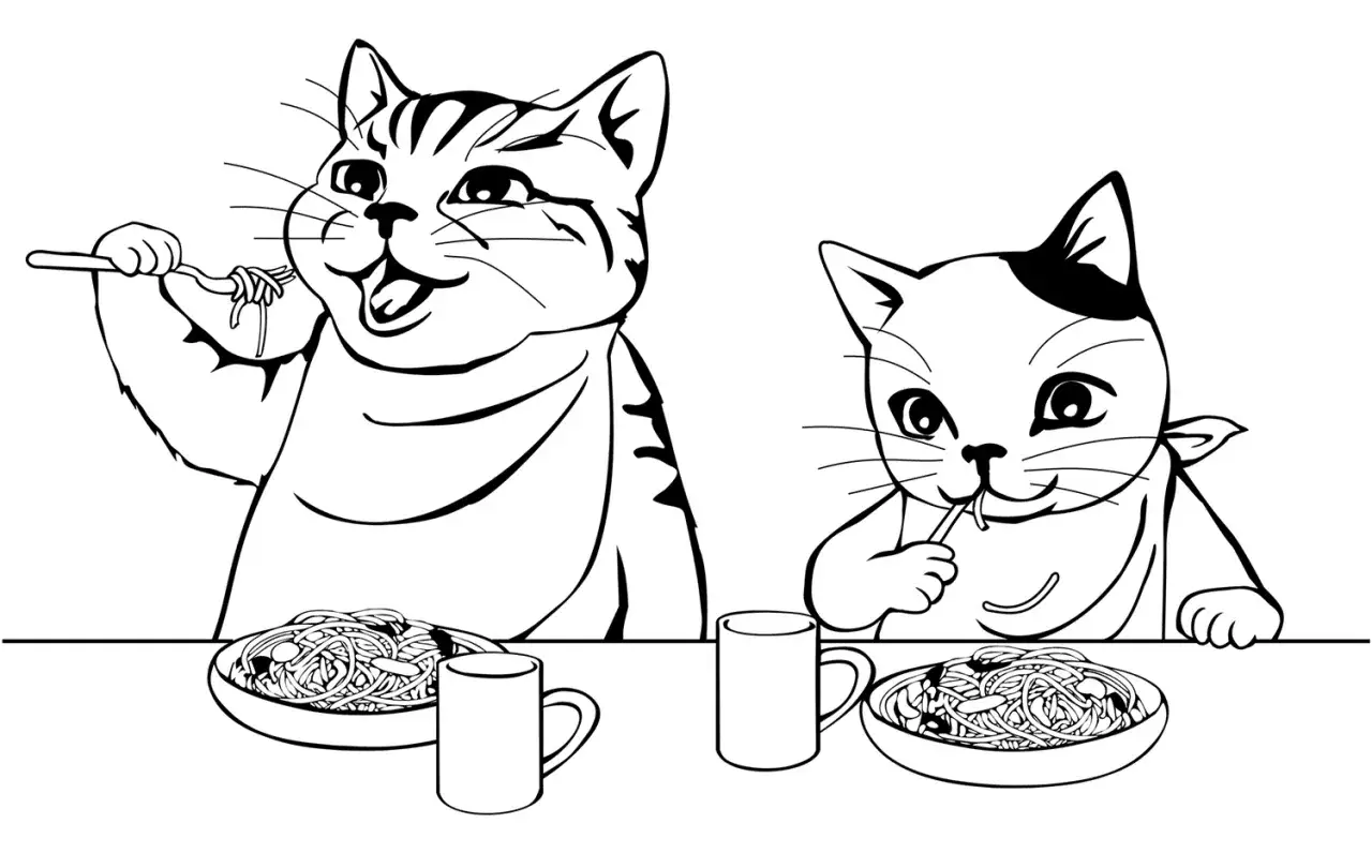 Dwa koty jedzą makaron z talerzy, jeden używa widelca.
